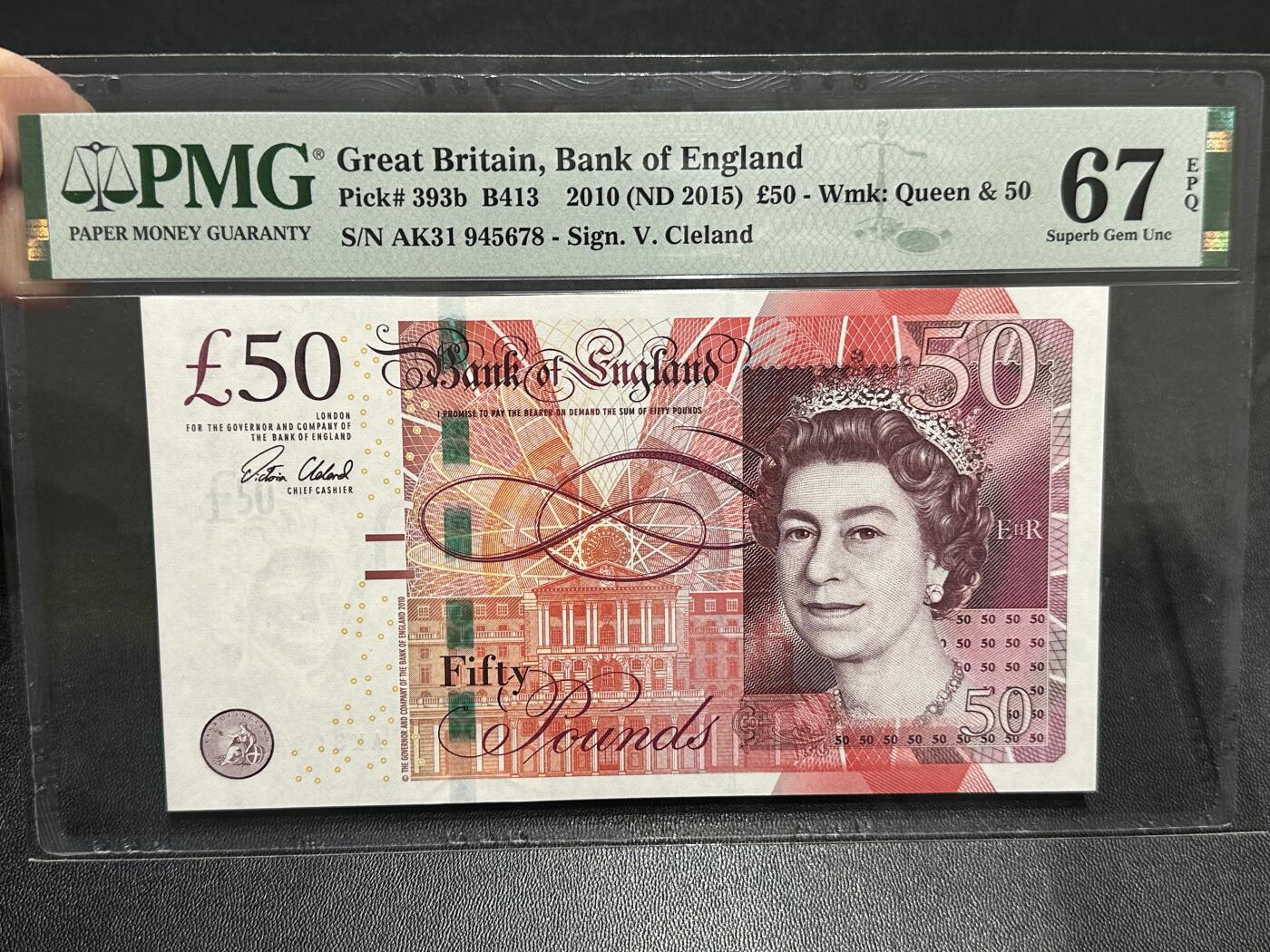 《外钞收藏家》第五百九十期（欧洲强钞、港币、硬通货及丰富裸币大拍场）（本平台长期征集拍品、欢迎藏友们联系合作） 2010年英国F序列50镑 PMG67 冠号945678 乱龙和顺子