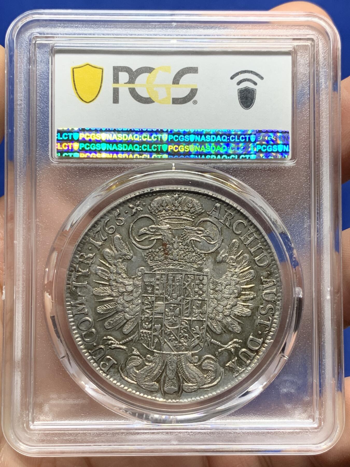 《竞宝斋》第443场 周日，周一，2场连拍 （全场包邮） PCGS AU58 奥地利1765-AS 原铸大奶妈玛丽亚.特雷西娅 1泰勒 银币 唯一冠军分，难得没有减重痕迹。