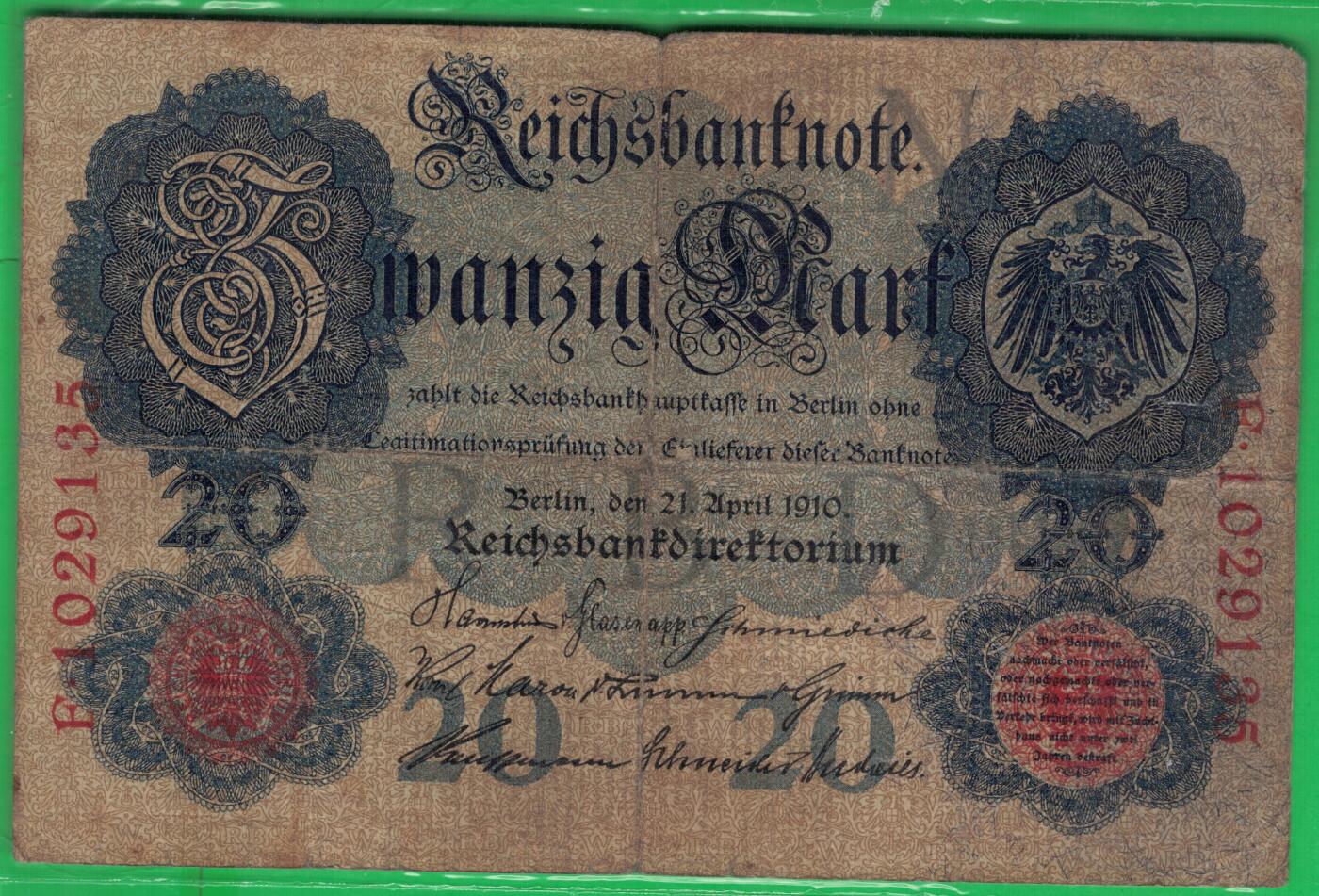 德国1910年20马克 P-40b 无水印 加盖字母N 7位号 无47 实物图