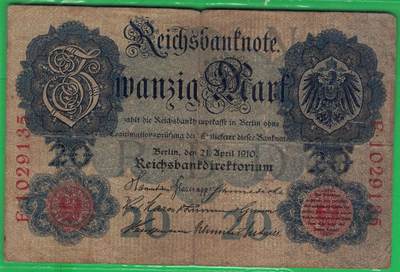 德国1910年20马克 P-40b 无水印 加盖字母N 7位号 无47 实物图 - 德国1910年20马克 P-40b 无水印 加盖字母N 7位号 无47 实物图