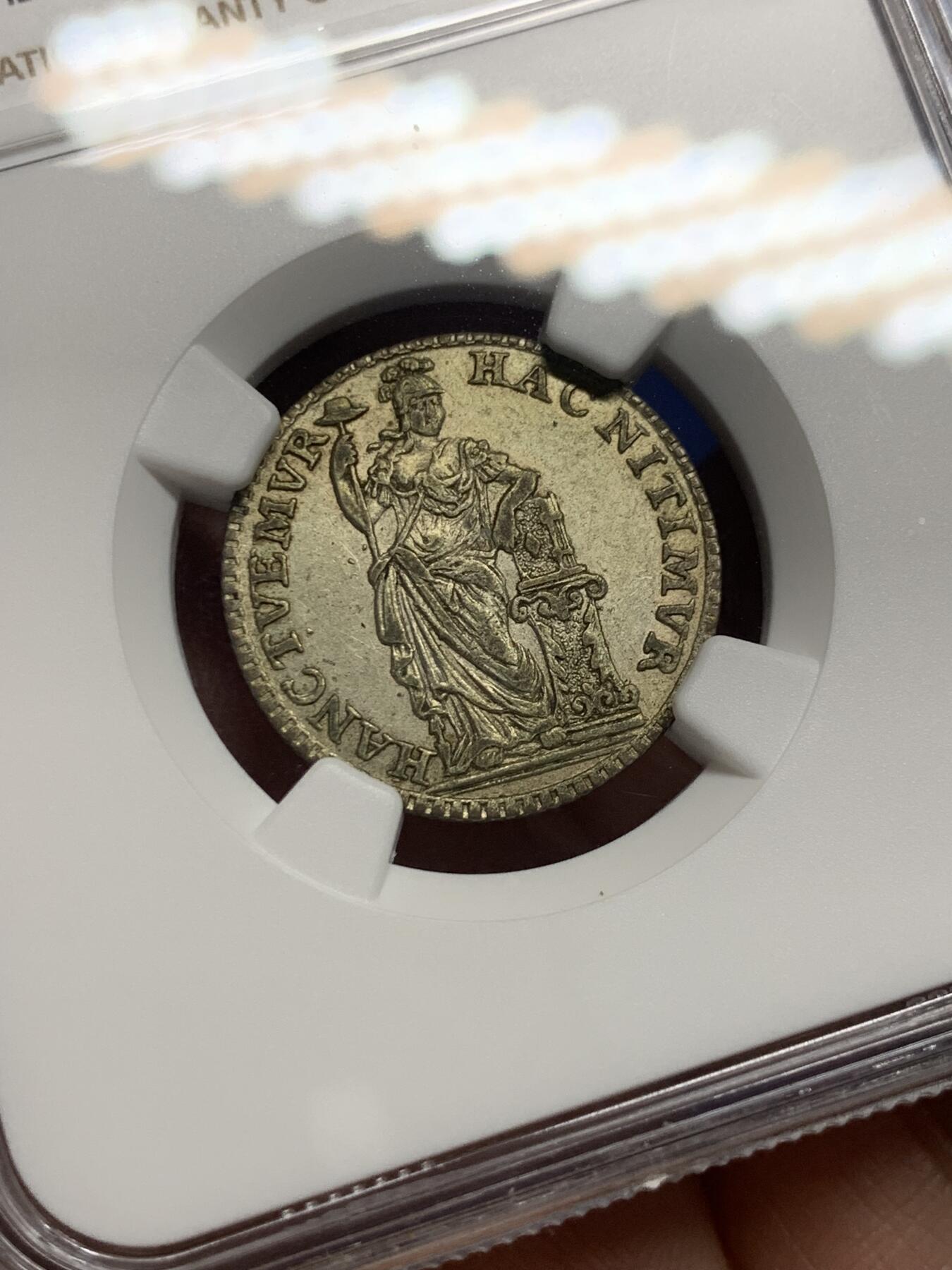 《竞宝斋》第443场 周日，周一，2场连拍 （全场包邮） NGC AU58 尼德兰（荷兰） 1759年 1/4盾银币 荷兰三剑客之一的站人银币 细节一流 包浆不错