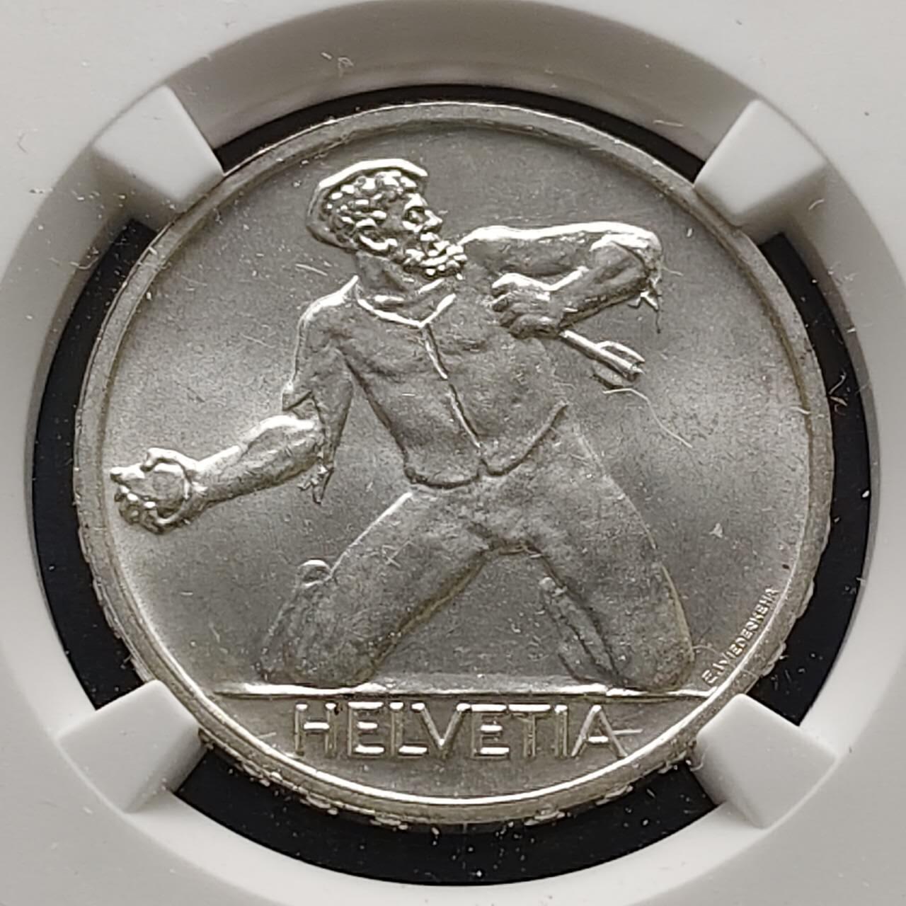 【全场包邮】纯粹捡漏拍485场（免费代拍第22场） 【收藏级】瑞士1944年5法郎比尔河畔圣雅各布战役500周年纪念银币-NGC MS66