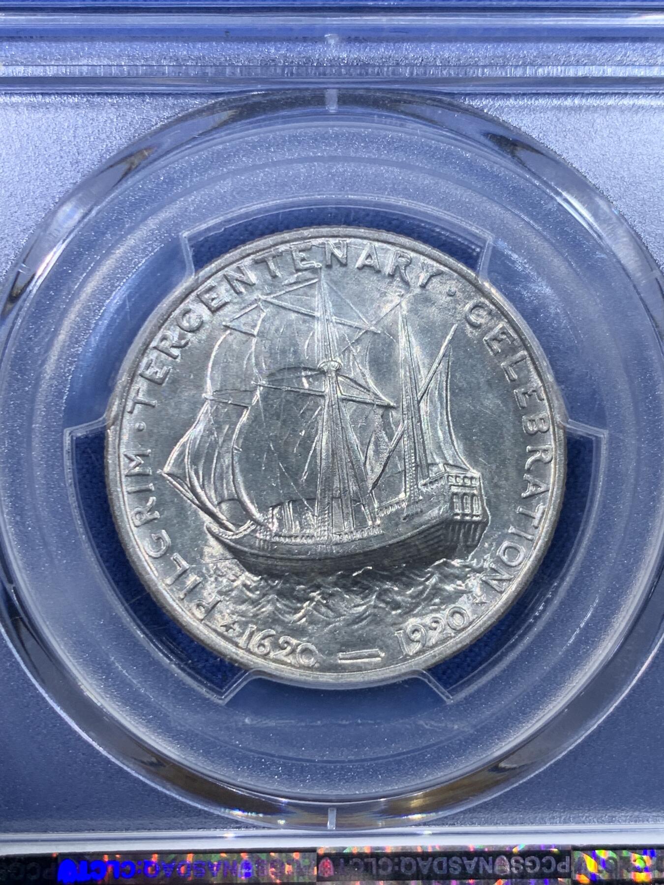 《竞宝斋》第443场 周日，周一，2场连拍 （全场包邮） PCGS MS64 美国1920年清教徒移民半美元纪念银币 经典设计 背面五月花号 盒子支撑有磕