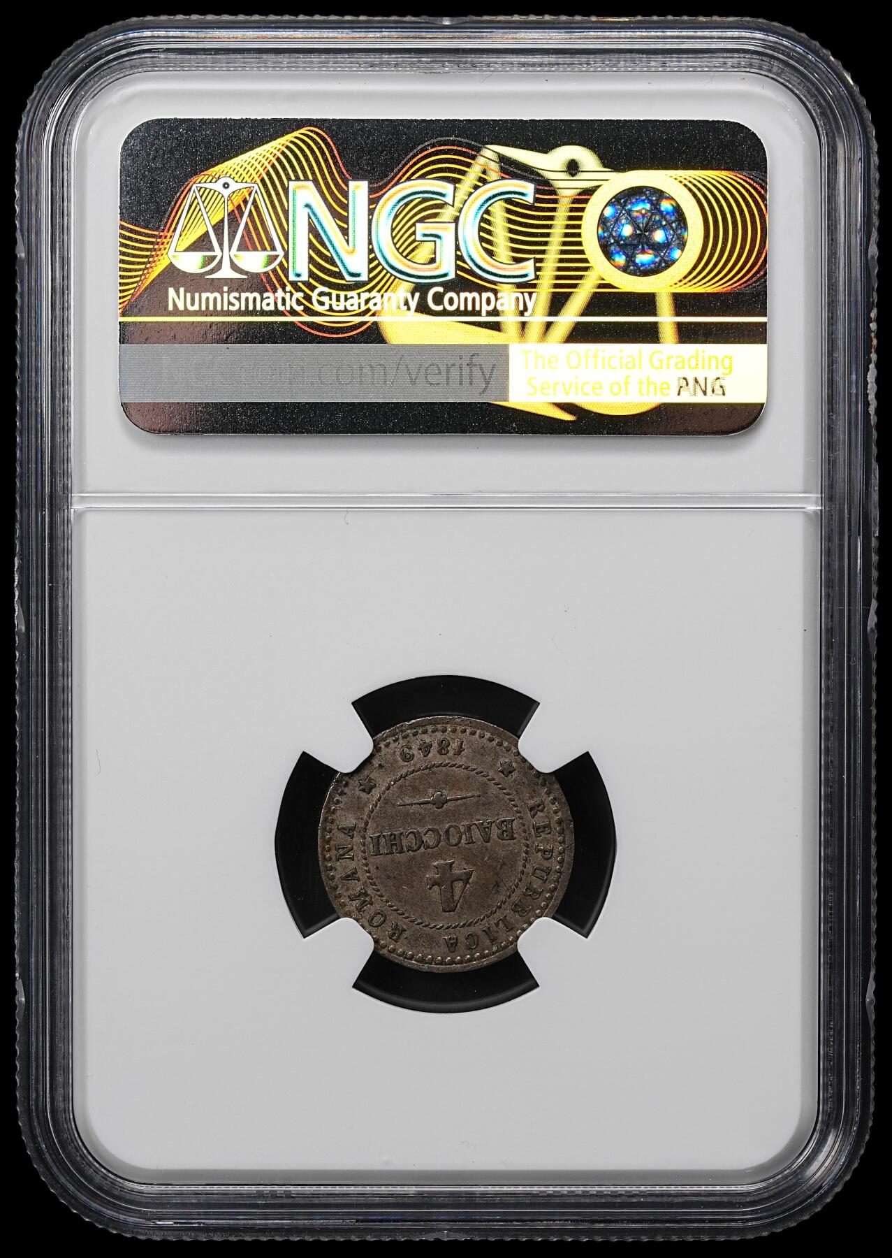 修遠堂世界钱币第九十五期 NGC AU55 1849年罗马共和国4 BAI银币  罗马共和国是一个短命的（四个月）国家