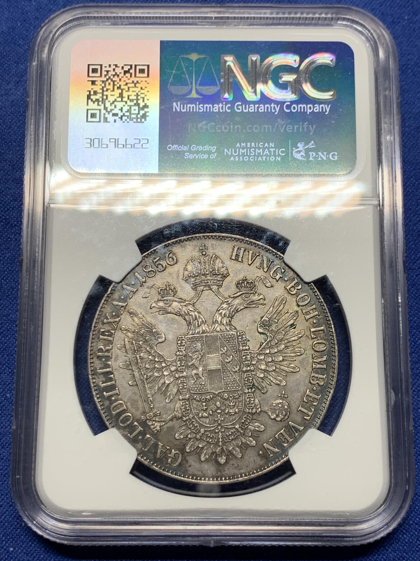 《竞宝斋》第443场 周日，周一，2场连拍 （全场包邮） NGC AUD 奥地利帝国1856年弗兰茨约瑟夫一世协议1泰勒，包浆不错，国内不多见的品种。