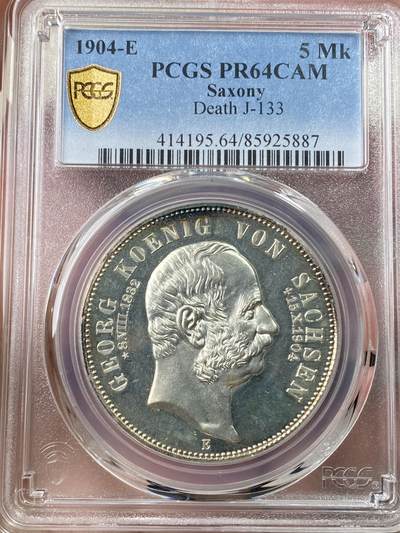 PCGS-PR64CAM 1904年德国萨克森乔治国王逝世纪念精制5马克 .