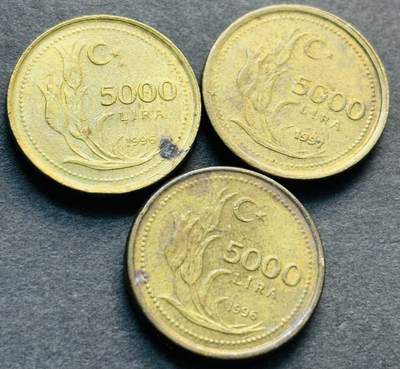 文馨钱币收藏第 284 场，【 长期接收代拍品】老藏家拍品南朝鲜李承晚时期货币，泰国大型纪念币，土耳其各时期及各国套币场 - 1996-1997 年土耳其 5000 里拉铜币 3 枚