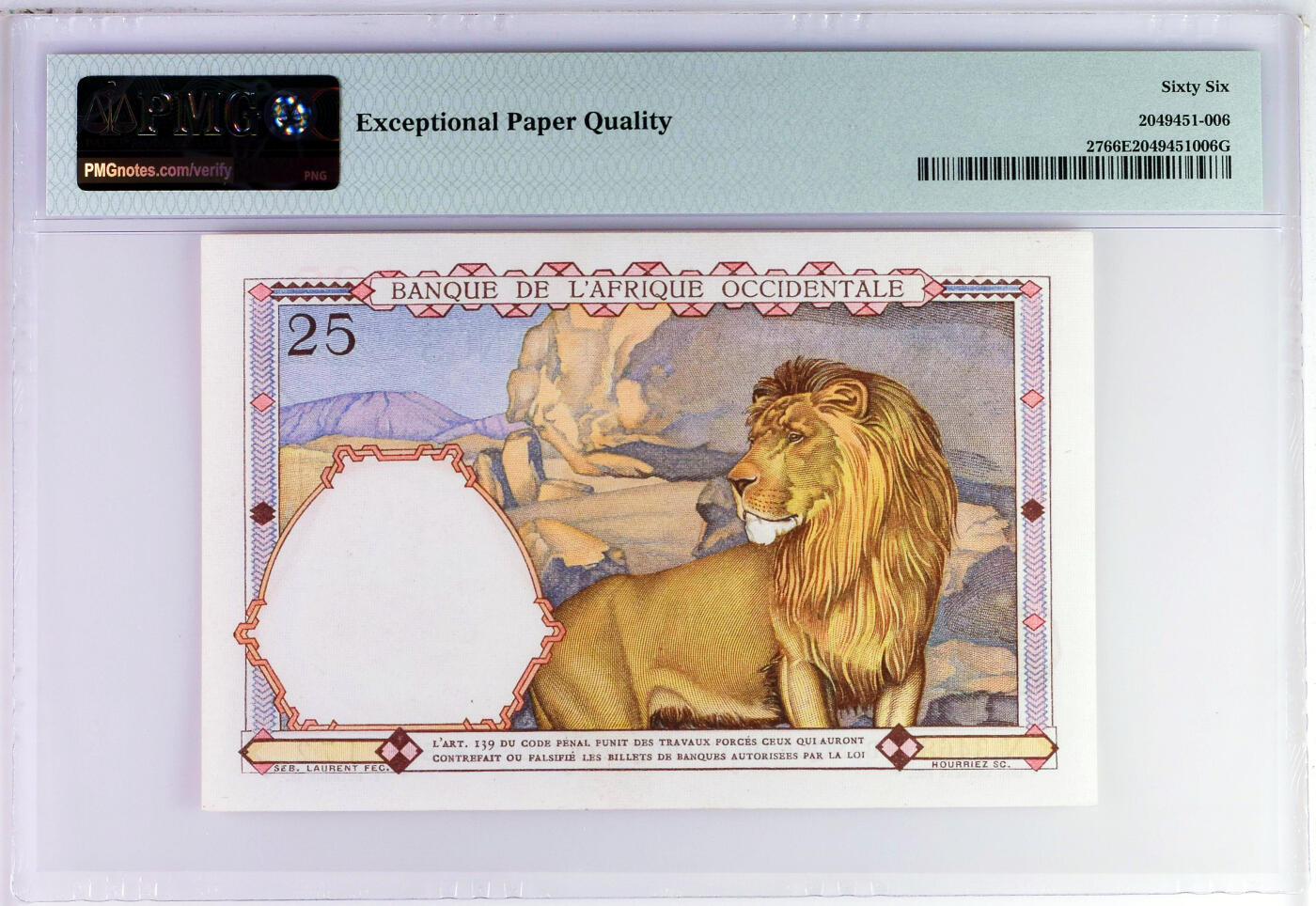 【Blue Auction】世界纸币精拍第757期——18级TOP拍卖/信誉/品质/专业/高效💫 【冠军分】法属西非 1942年25法郎 大金狮 设计精美 PMG66EPQ 