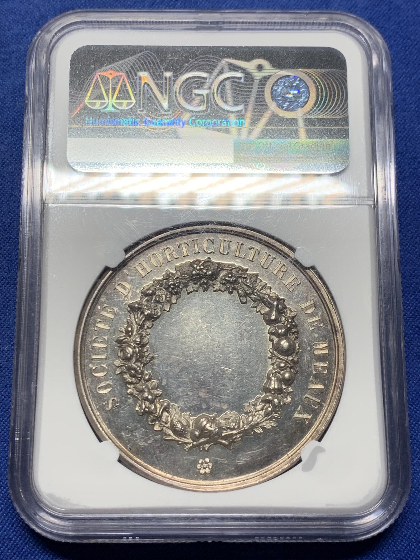 《竞宝斋》第443场 周日，周一，2场连拍 （全场包邮） NGC MS61 法国园艺学会银章 42mm 底板很不错 感觉低评了