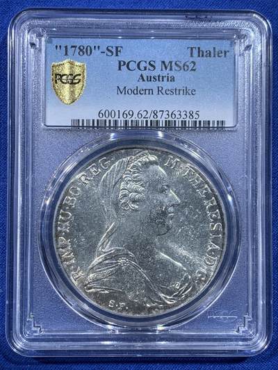 《竞宝斋》第443场 周日，周一，2场连拍 （全场包邮） - PCGS MS62 奥匈帝国1780年大奶妈银币，后铸版。