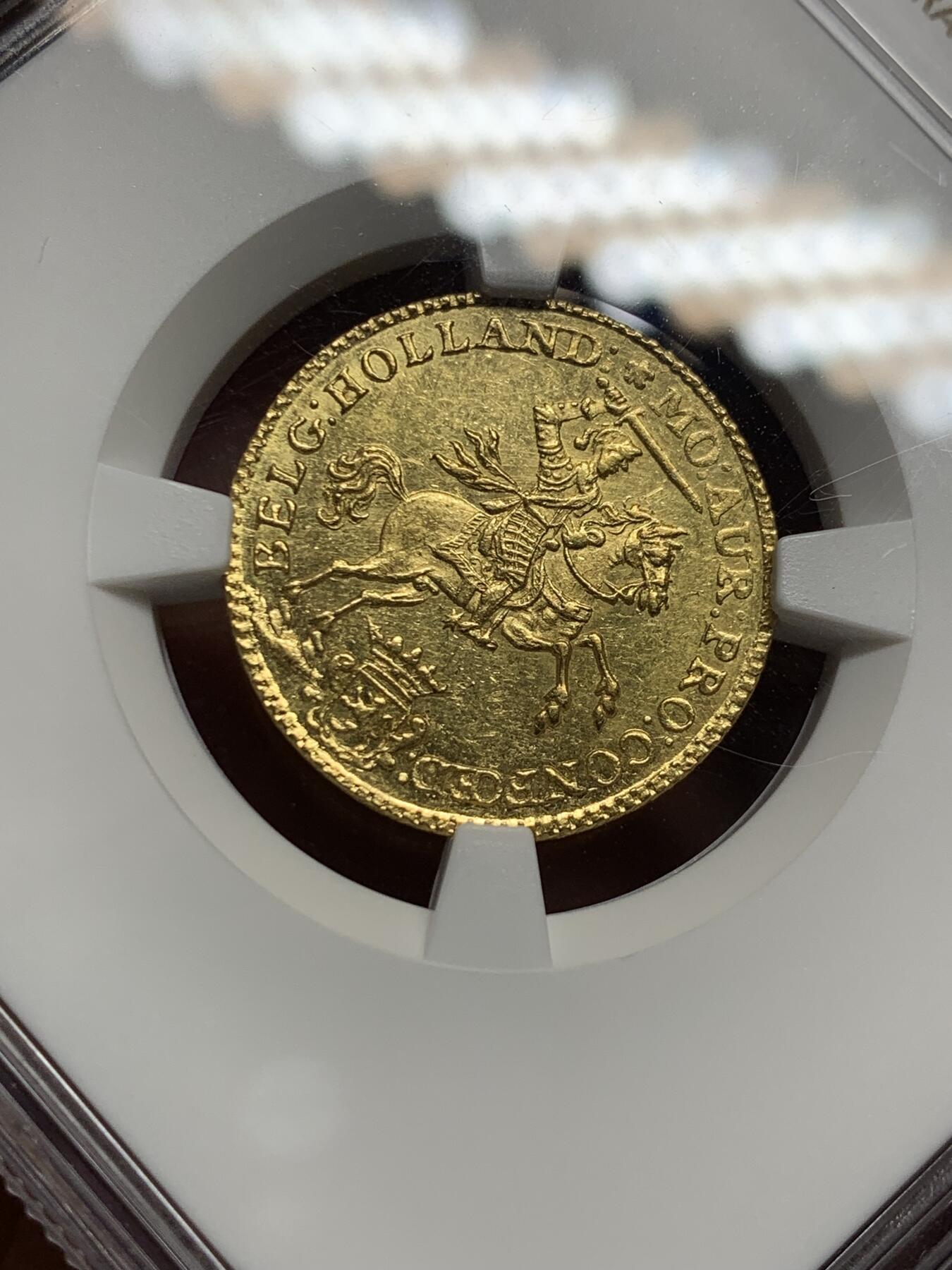 《竞宝斋》第443场 周日，周一，2场连拍 （全场包邮） NGC UNC 荷兰 1760年 荷兰省 7盾马剑金币 双面打制清晰 没给分有点错杀 这个状态已经很少见了4.965 g 920金