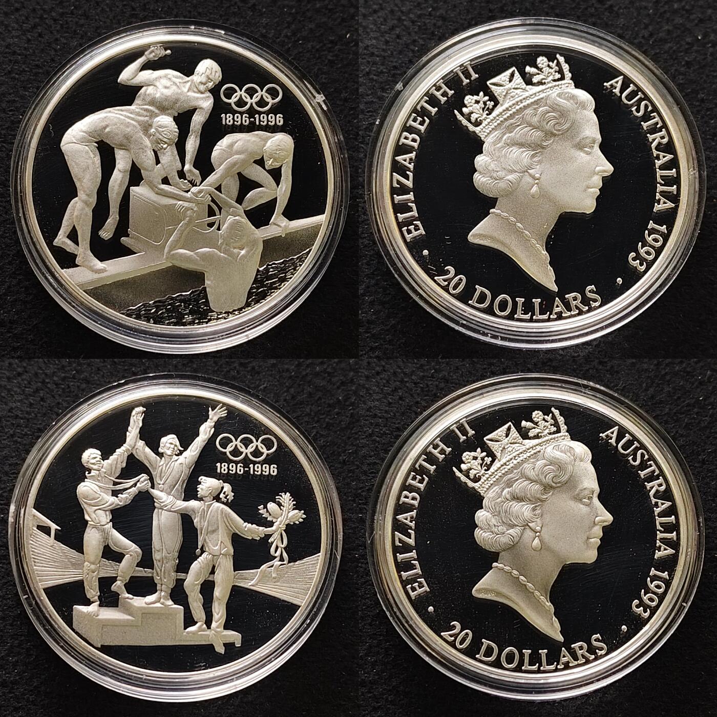 【全场包邮】纯粹捡漏拍483场（免费代拍第20场） 澳大利亚1993年20元奥运百年精制纪念银币2枚全套-盒证全
