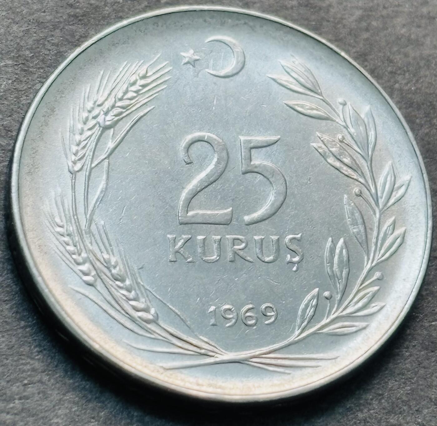 文馨钱币收藏第 284 场，【 长期接收代拍品】老藏家拍品南朝鲜李承晚时期货币，泰国大型纪念币，土耳其各时期及各国套币场 星月形向左  1969 年土耳其 25 库鲁，减轻重版