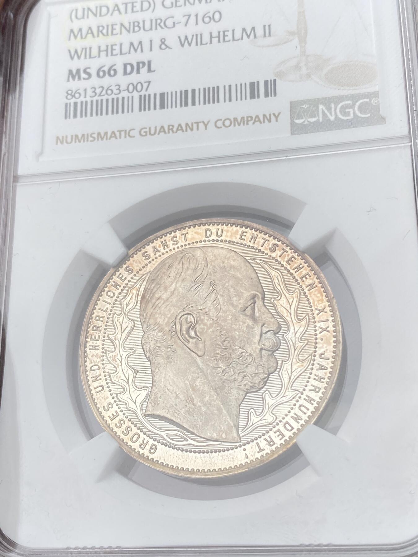 万国钱币拍卖第056期 NGC MS66DPL 1897年德国威廉二世纪念其祖父威廉一世诞辰100周年纪念银章 通体金色玫瑰彩包浆深度精铸镜面顶级冠军分