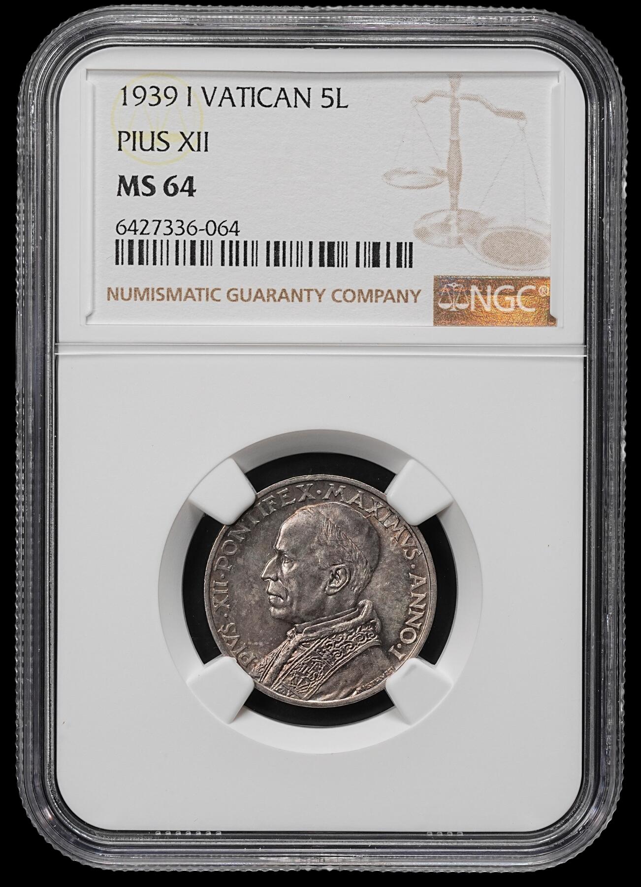 修遠堂世界钱币第九十五期 NGC MS64 1939年梵蒂冈5里拉银币