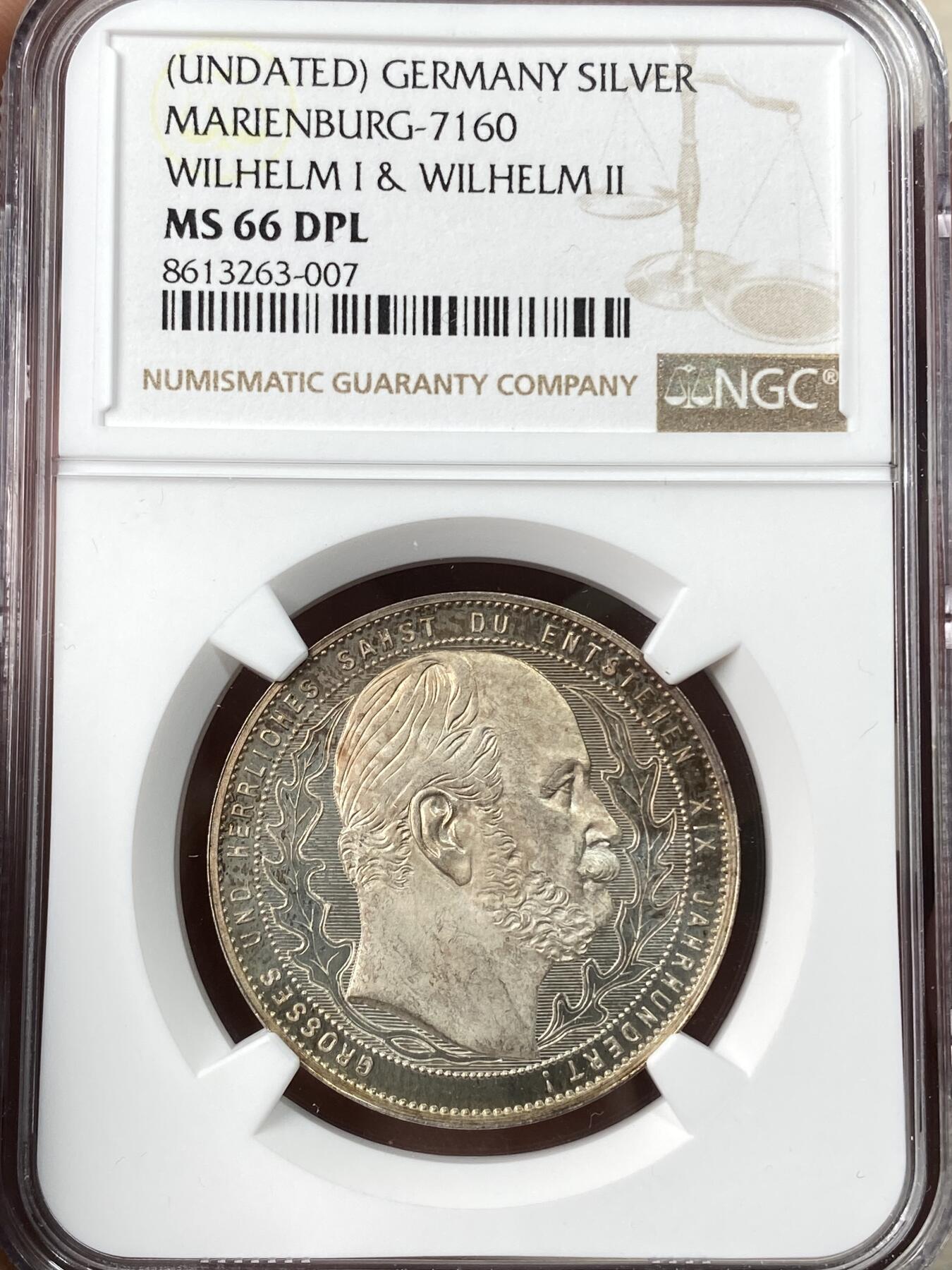 万国钱币拍卖第056期 NGC MS66DPL 1897年德国威廉二世纪念其祖父威廉一世诞辰100周年纪念银章 通体金色玫瑰彩包浆深度精铸镜面顶级冠军分