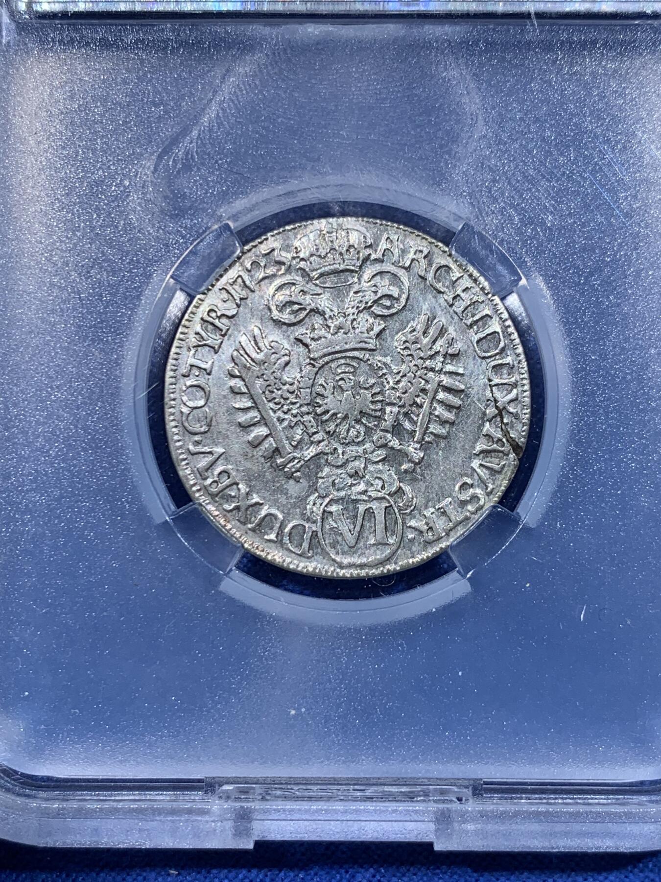 《竞宝斋》第443场 周日，周一，2场连拍 （全场包邮） TQG AUD 神圣罗马帝国 奥地利大公国 查理六世 1723年 6克鲁泽打制银币 边缘微裂为常见币胚问题 整体品相一流 少见品种