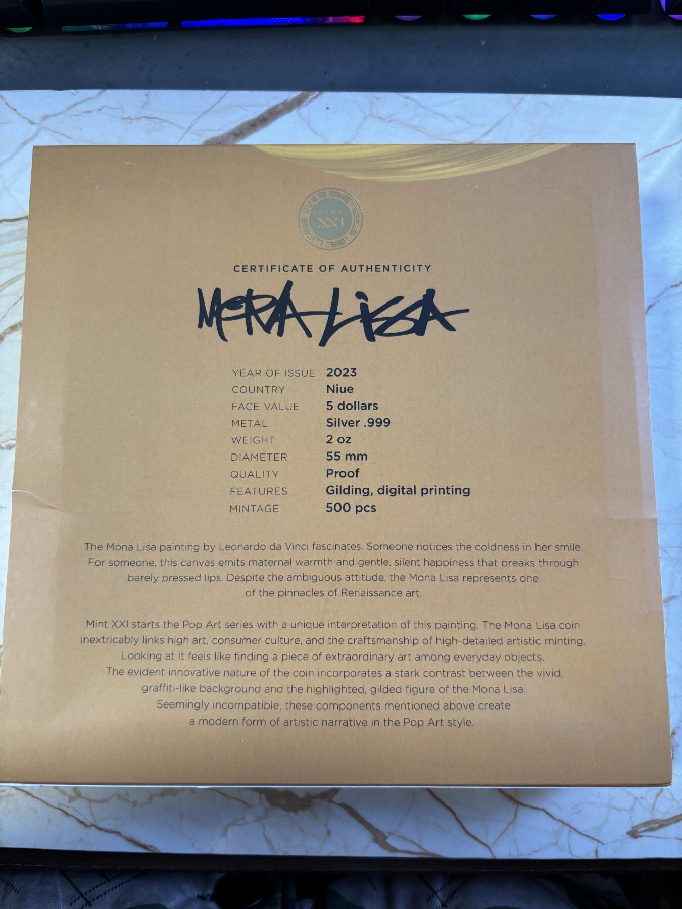 第183期拍卖 纽埃2023年波普艺术系列蒙娜丽莎2盎司纪念彩银币，999银，发行500枚