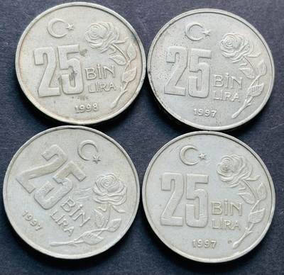 文馨钱币收藏第 284 场，【 长期接收代拍品】老藏家拍品南朝鲜李承晚时期货币，泰国大型纪念币，土耳其各时期及各国套币场 - 1997-1998 年土耳其 2.5 万里拉 4 枚
