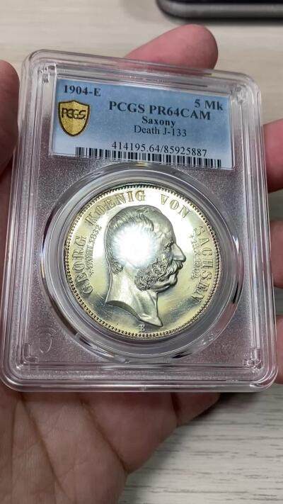 PCGS-PR64CAM 1904年德国萨克森乔治国王逝世纪念精制5马克 .