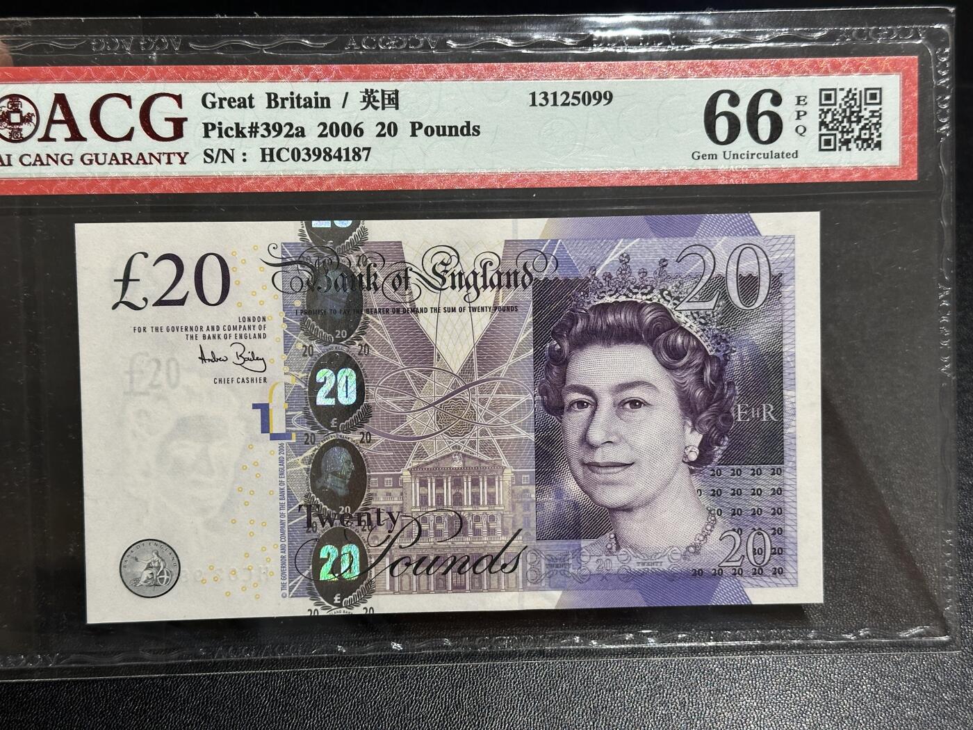 《外钞收藏家》第五百九十期（欧洲强钞、港币、硬通货及丰富裸币大拍场）（本平台长期征集拍品、欢迎藏友们联系合作） 2006年英国F序列20镑 爱藏评级66