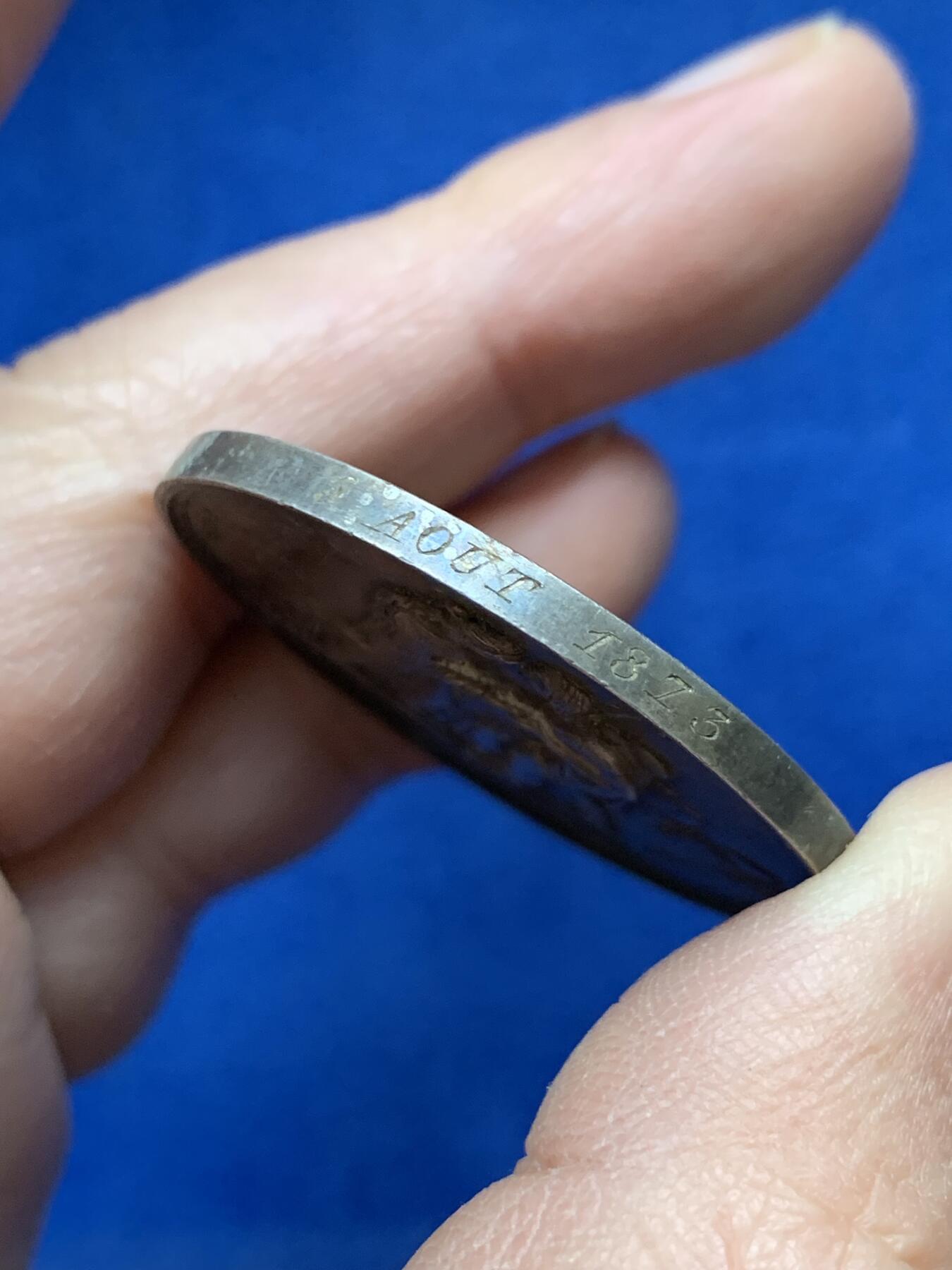 《竞宝斋》第443场 周日，周一，2场连拍 （全场包邮） 法国婚章 22克 36.8mm 1873 蜜蜂银标 背面刻画漂亮