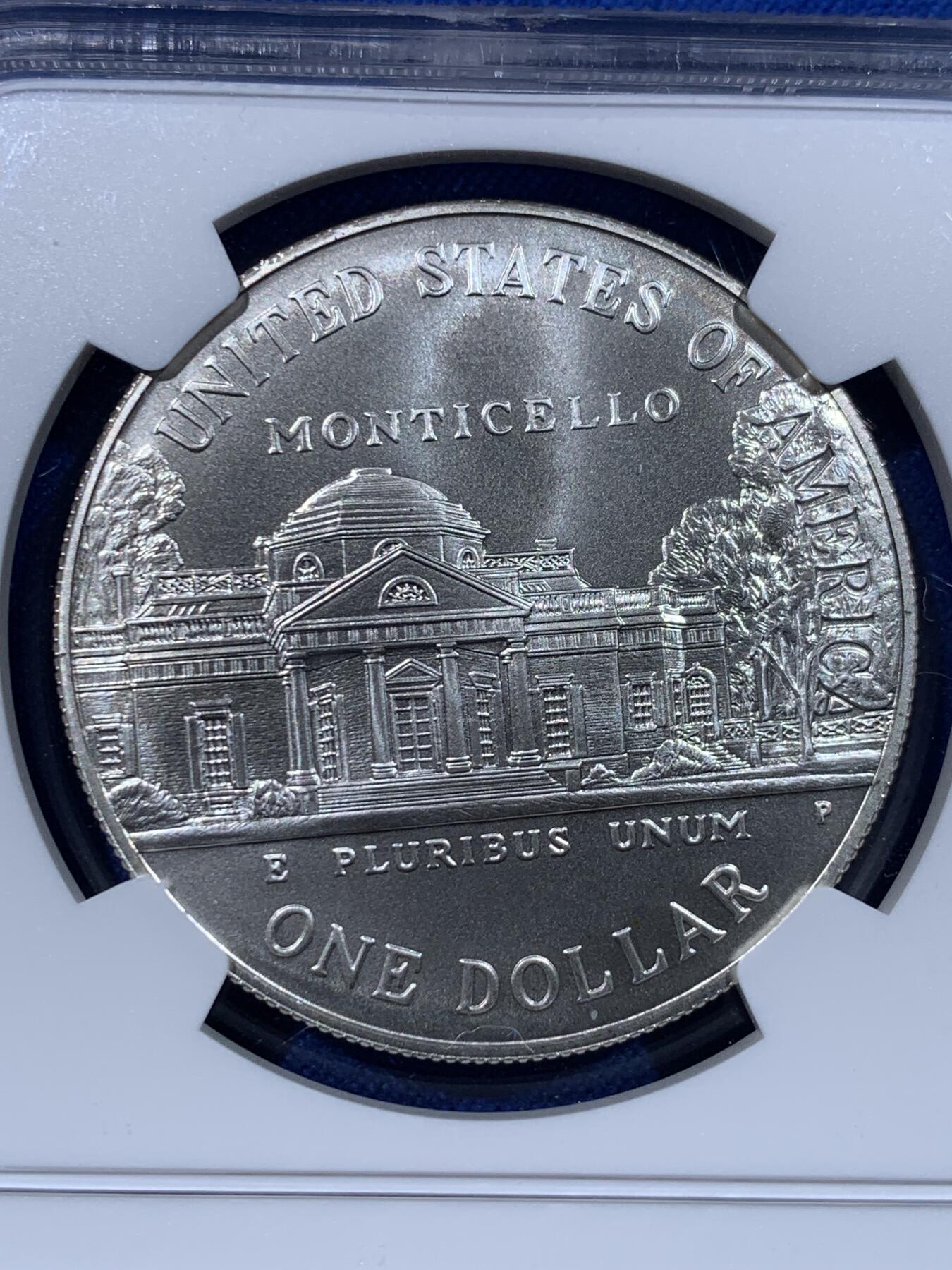 《竞宝斋》第443场 周日，周一，2场连拍 （全场包邮） NGC MS69 美国1993年托马斯·杰斐逊诞辰250周年1美元银币 900银 26.7克 特殊标签 可藏