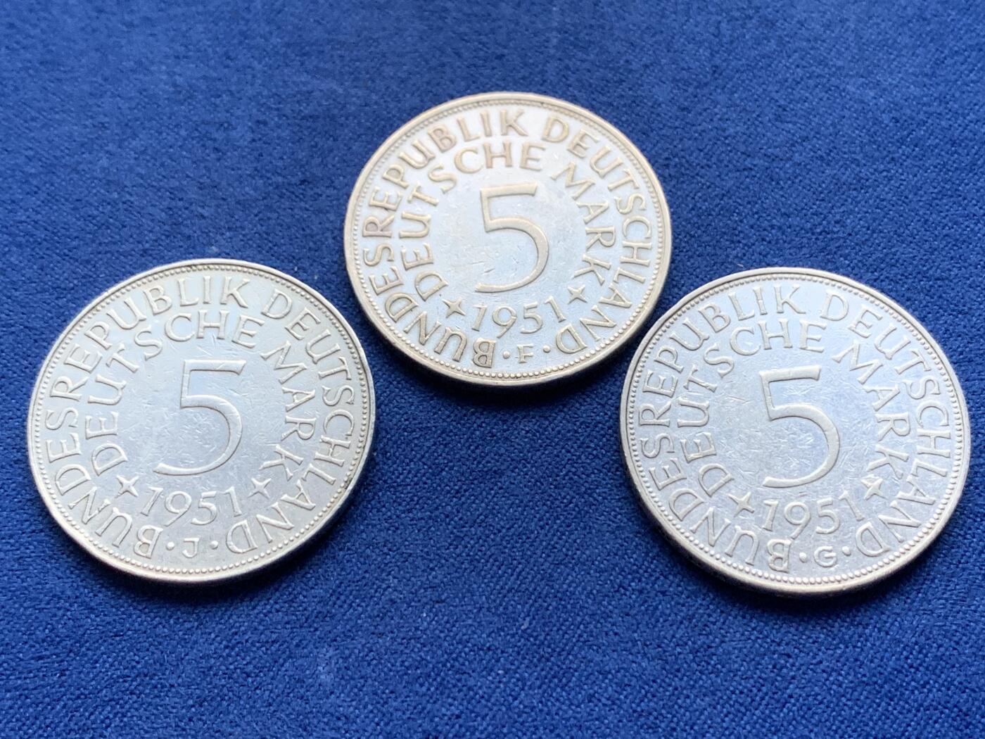 《竞宝斋》第443场 周日，周一，2场连拍 （全场包邮） 三枚一组 德国1951年5马克银币