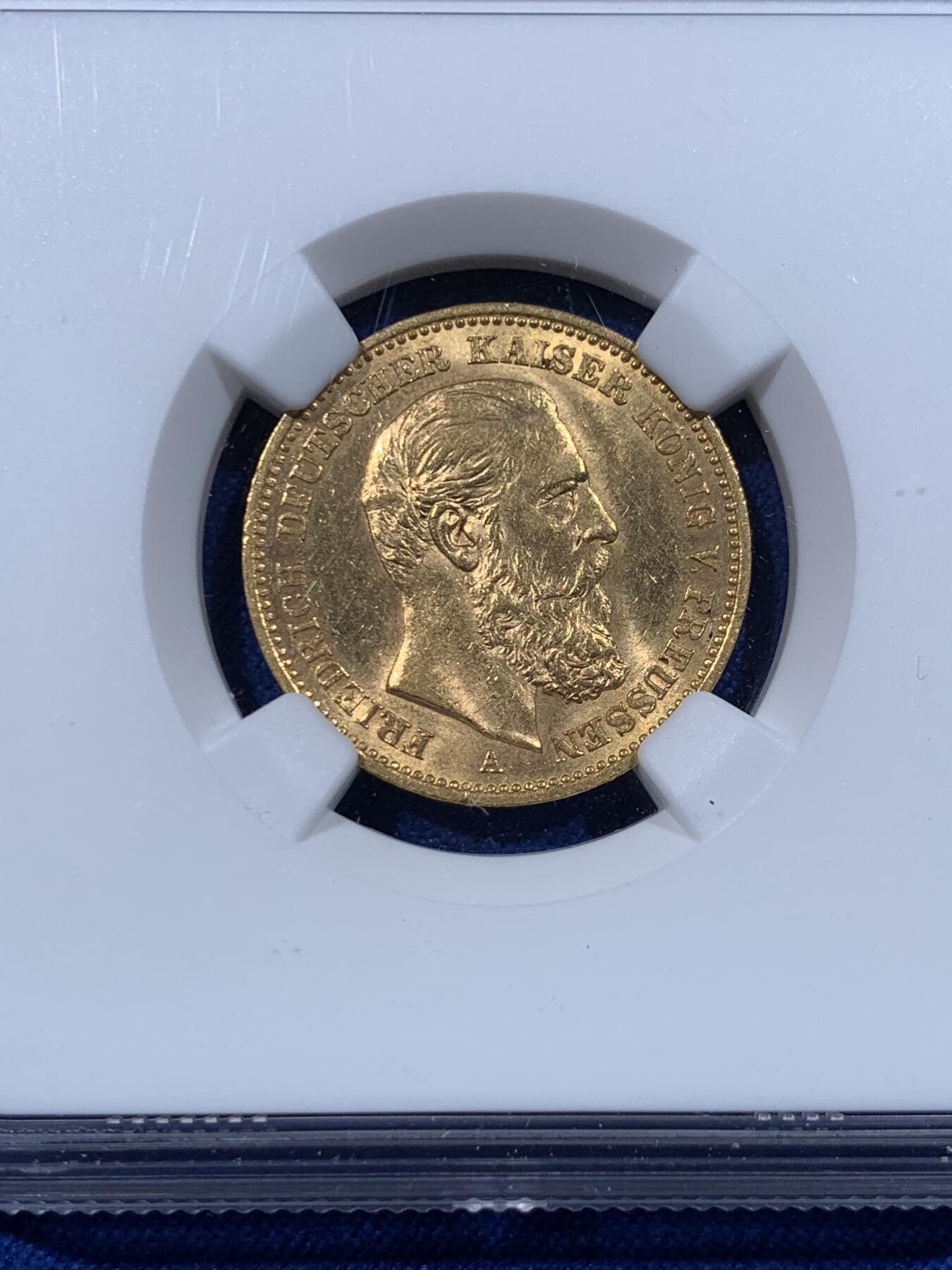 《竞宝斋》第443场 周日，周一，2场连拍 （全场包邮） NGC MS63 德国 普鲁士 1888 A 弗里德里希三世 20马克 金币 900金 7.96克 经典品种 转光漂亮