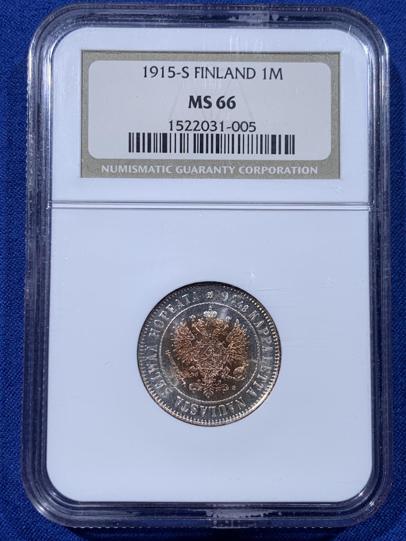 《竞宝斋》第443场 周日，周一，2场连拍 （全场包邮） NGC MS66 芬兰1915年S版1马克银币 高品