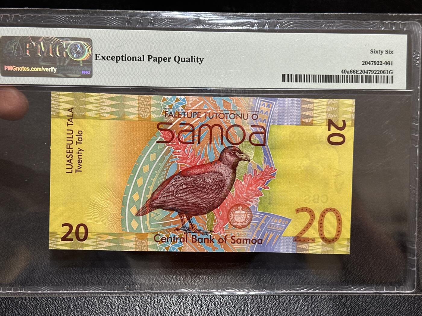 《外钞收藏家》第五百九十期（欧洲强钞、港币、硬通货及丰富裸币大拍场）（本平台长期征集拍品、欢迎藏友们联系合作） 2008年萨摩亚20塔拉 PMG66 获奖钞 无47靓号