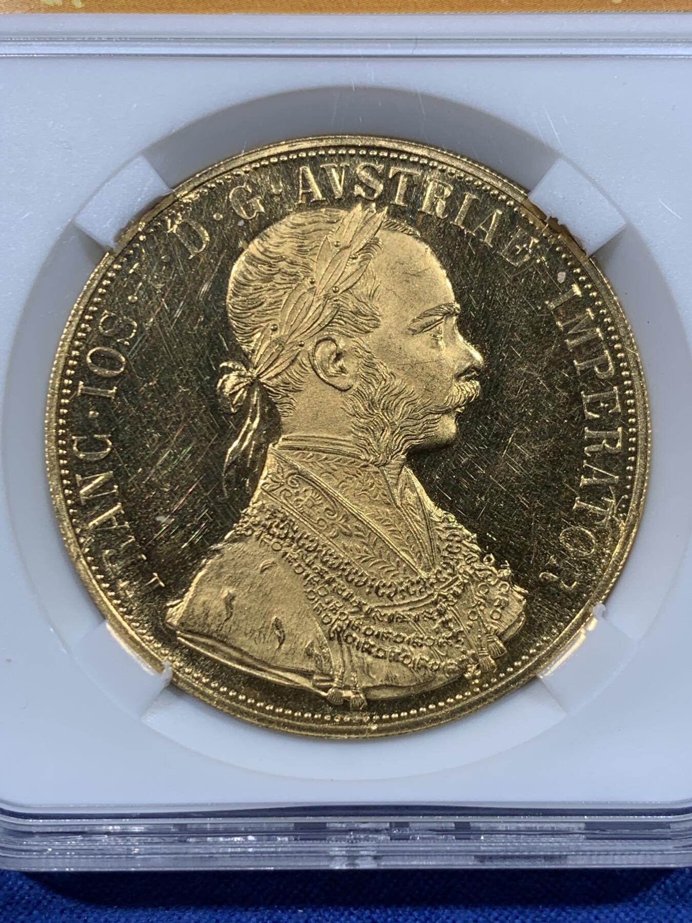 《竞宝斋》第443场 周日，周一，2场连拍 （全场包邮） CSIS-GREAT PF61UC 奥地利1915年弗朗茨一世4杜卡特金币，后铸版，13.96克，986金。