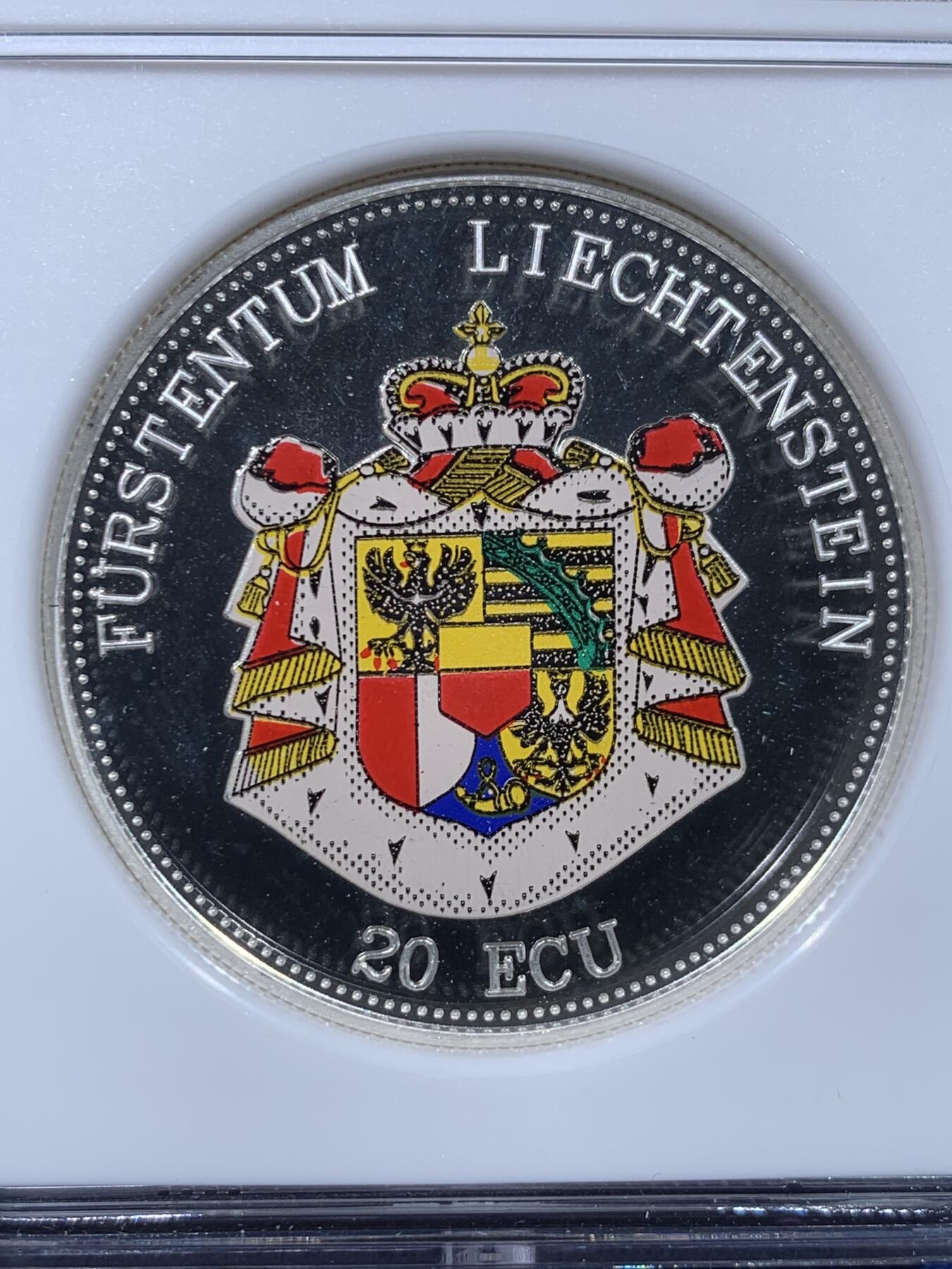 《竞宝斋》第443场 周日，周一，2场连拍 （全场包邮） NGC PF68UC 列支敦士登1993年世界首枚彩色银币 2盎司 加厚盒装