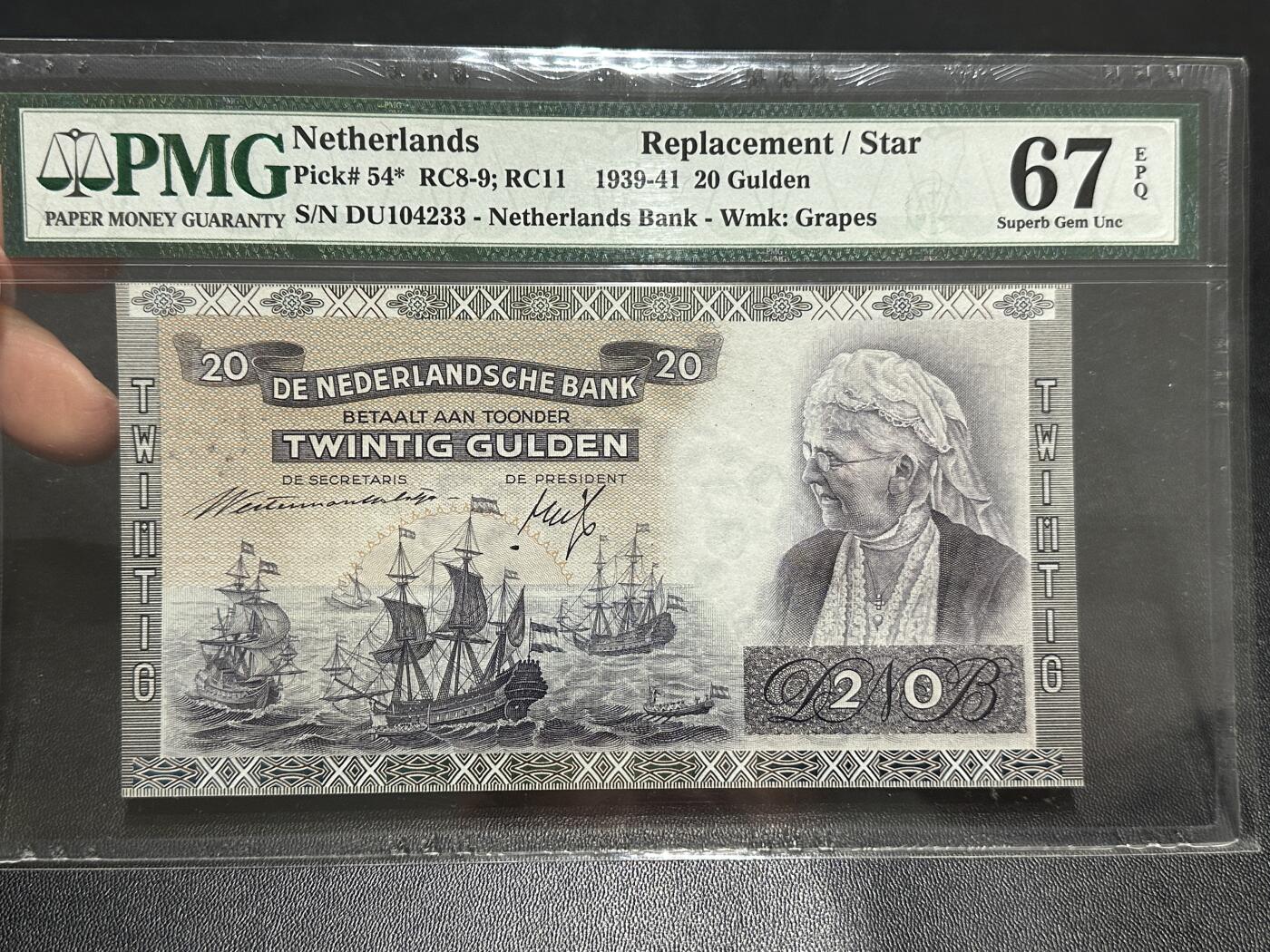 《外钞收藏家》第五百九十期（欧洲强钞、港币、硬通货及丰富裸币大拍场）（本平台长期征集拍品、欢迎藏友们联系合作） 1939-41年荷兰20盾 PMG67 补号