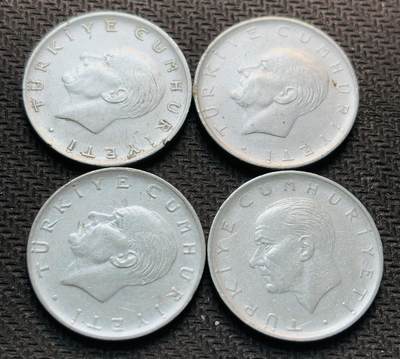 文馨钱币收藏第 284 场，【 长期接收代拍品】老藏家拍品南朝鲜李承晚时期货币，泰国大型纪念币，土耳其各时期及各国套币场 - 星月形向左 1966-73 年土耳其 1 里拉 4 枚