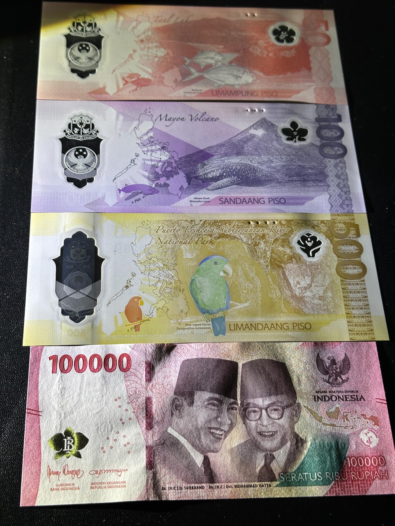 《外钞收藏家》第五百九十期（欧洲强钞、港币、硬通货及丰富裸币大拍场）（本平台长期征集拍品、欢迎藏友们联系合作） 菲律宾新版塑料钞50、100、500比索 AA冠+印尼10万卢比无47靓号 全新UNC