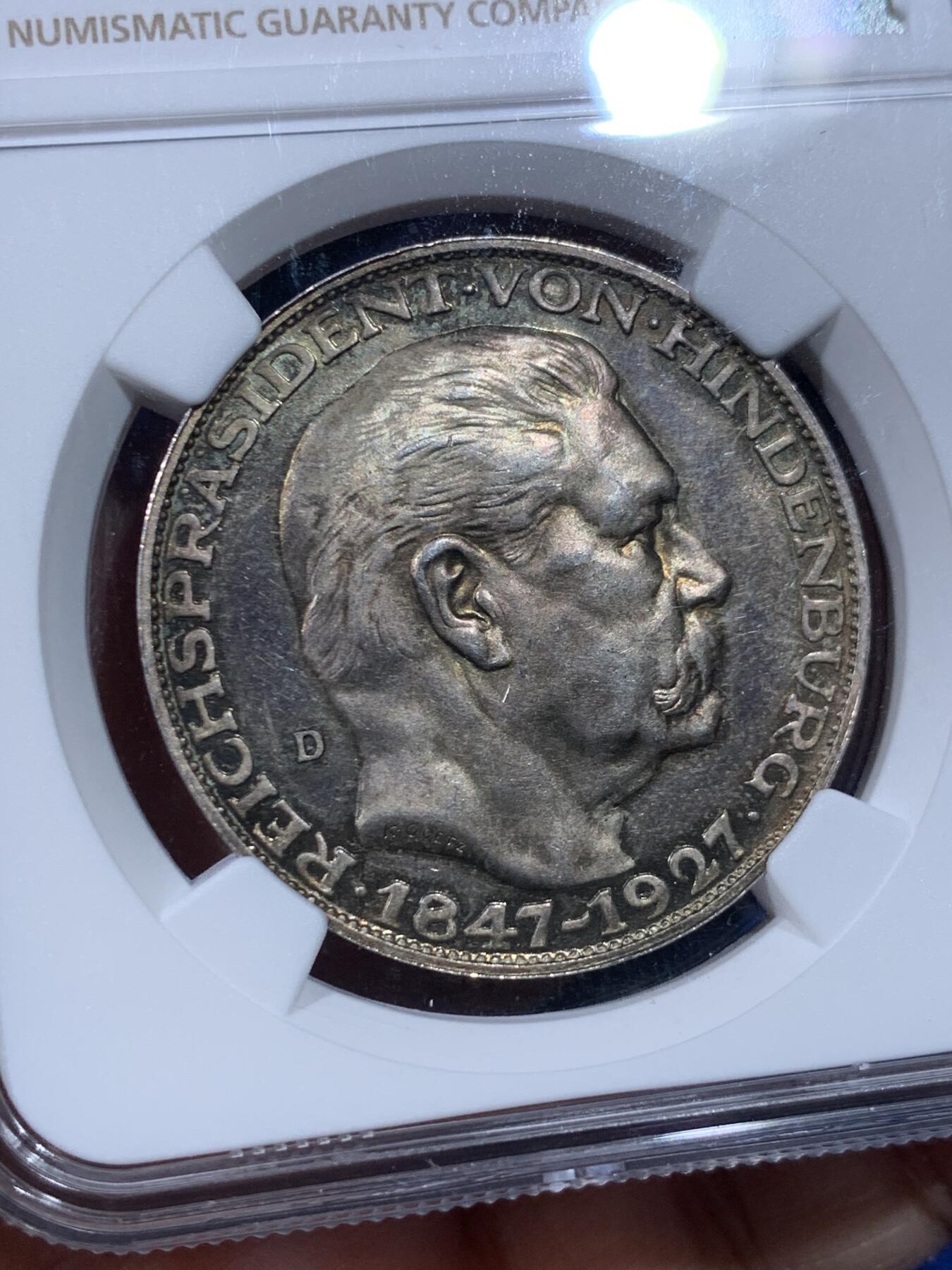 《竞宝斋》第443场 周日，周一，2场连拍 （全场包邮） NGC MS62 德国1927年兴登堡80大寿纪念银章，高分，双面包浆非常漂亮，卡尔哥茨作品。