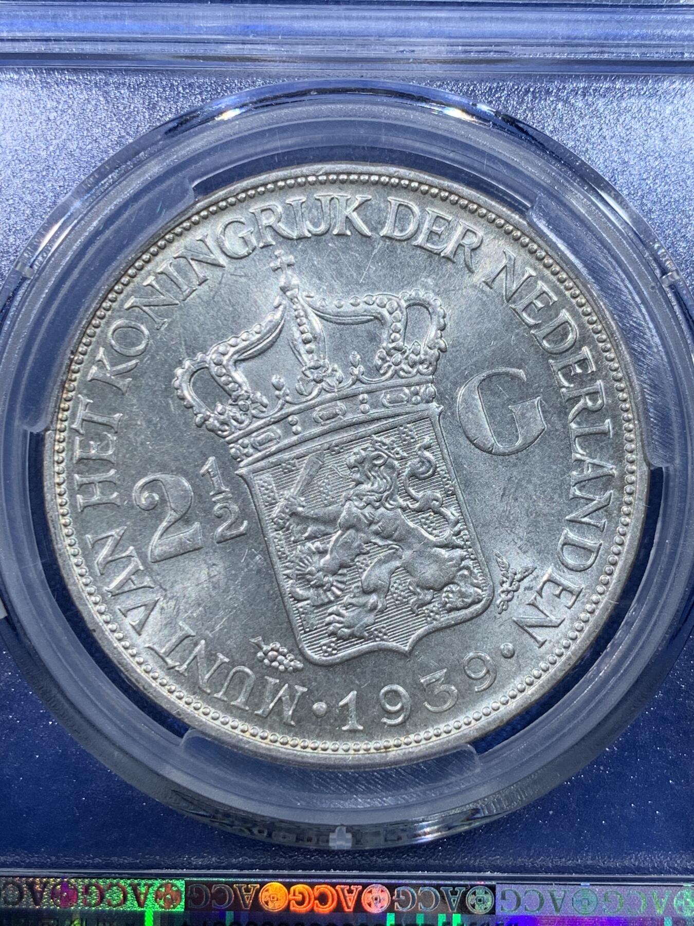 《竞宝斋》第443场 周日，周一，2场连拍 （全场包邮） 爱藏 MS62 荷兰1939年女王威廉明娜2.5盾银币 25g 720银