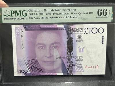 《外钞收藏家》第五百九十期（欧洲强钞、港币、硬通货及丰富裸币大拍场）（本平台长期征集拍品、欢迎藏友们联系合作） - 2011年直布罗陀女王100镑 AAA冠 倒置号 PMG66