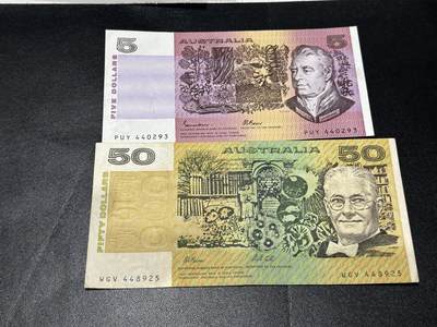 《外钞收藏家》第五百九十期（欧洲强钞、港币、硬通货及丰富裸币大拍场）（本平台长期征集拍品、欢迎藏友们联系合作） - 澳大利亚纸币版5和50澳元 2张一起 非全新 品相如图