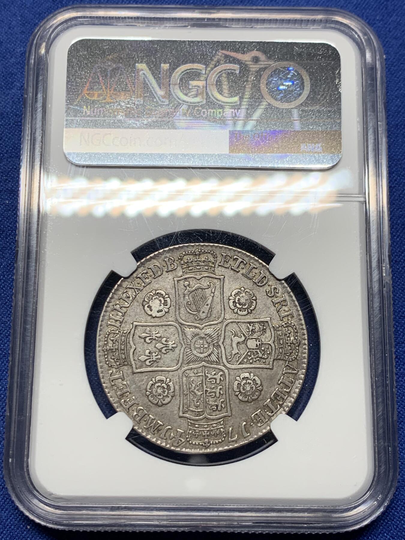 《竞宝斋》第443场 周日，周一，2场连拍 （全场包邮） NGC XFD 1741年英国乔治二世玫瑰半克朗银币  错杀，肉眼看边齿没有问题，细节好，稀少品种