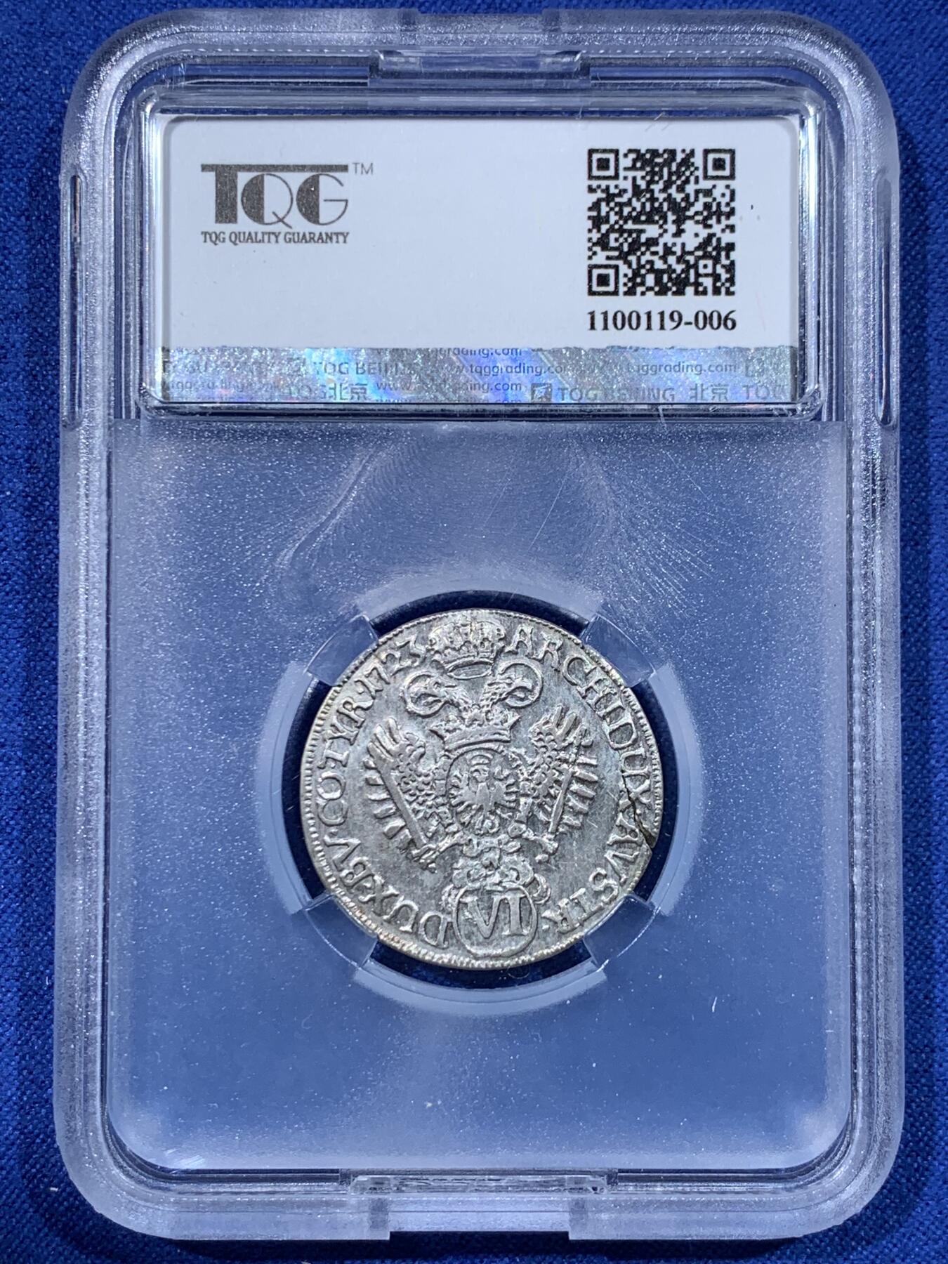 《竞宝斋》第443场 周日，周一，2场连拍 （全场包邮） TQG AUD 神圣罗马帝国 奥地利大公国 查理六世 1723年 6克鲁泽打制银币 边缘微裂为常见币胚问题 整体品相一流 少见品种