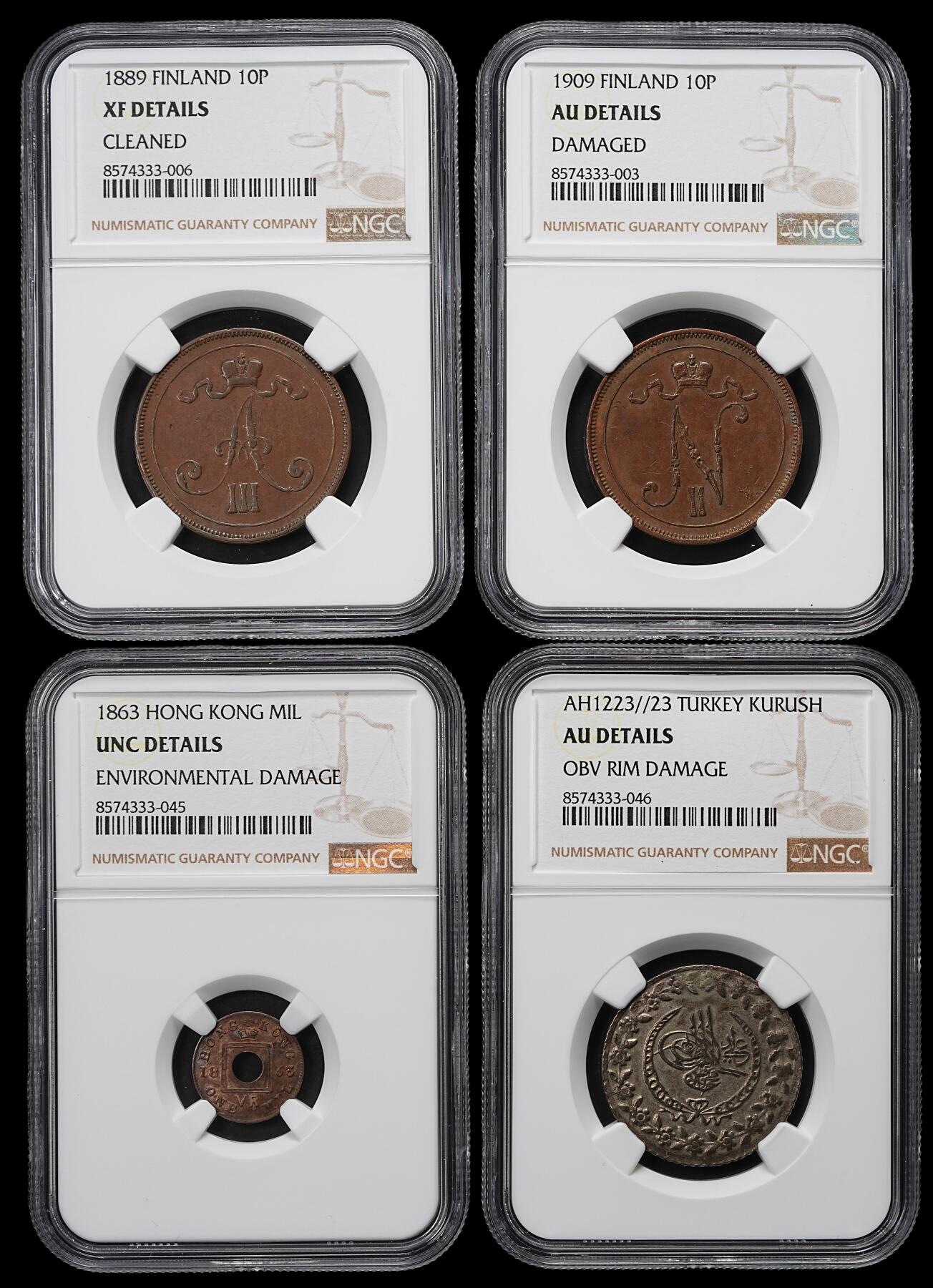 修遠堂世界钱币第九十五期 NGC评级 世界钱币4枚 一银合金三铜 含少见的香港一文