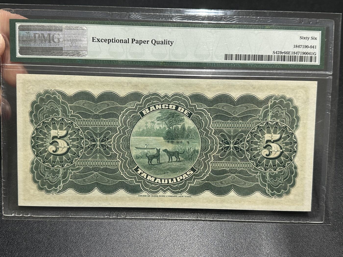 《外钞收藏家》第五百九十期（欧洲强钞、港币、硬通货及丰富裸币大拍场）（本平台长期征集拍品、欢迎藏友们联系合作） 1902-14年墨西哥5比索 PMG66 美钞公司版