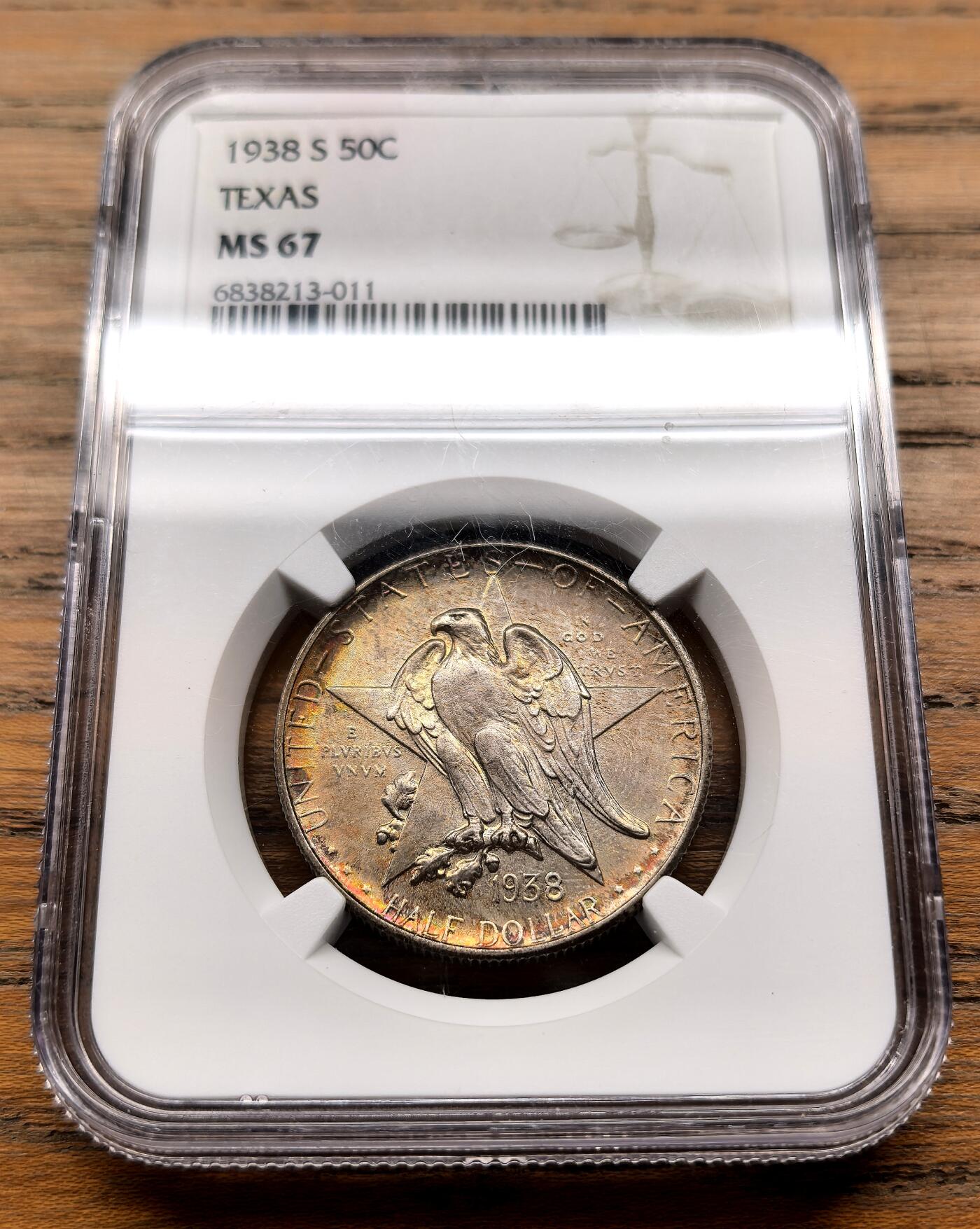 纫秋兰以为佩·凡希社微拍感恩专场 1938美国德克萨斯百年纪念半美元银币NGC-MS67，黄金环彩，养眼美物！