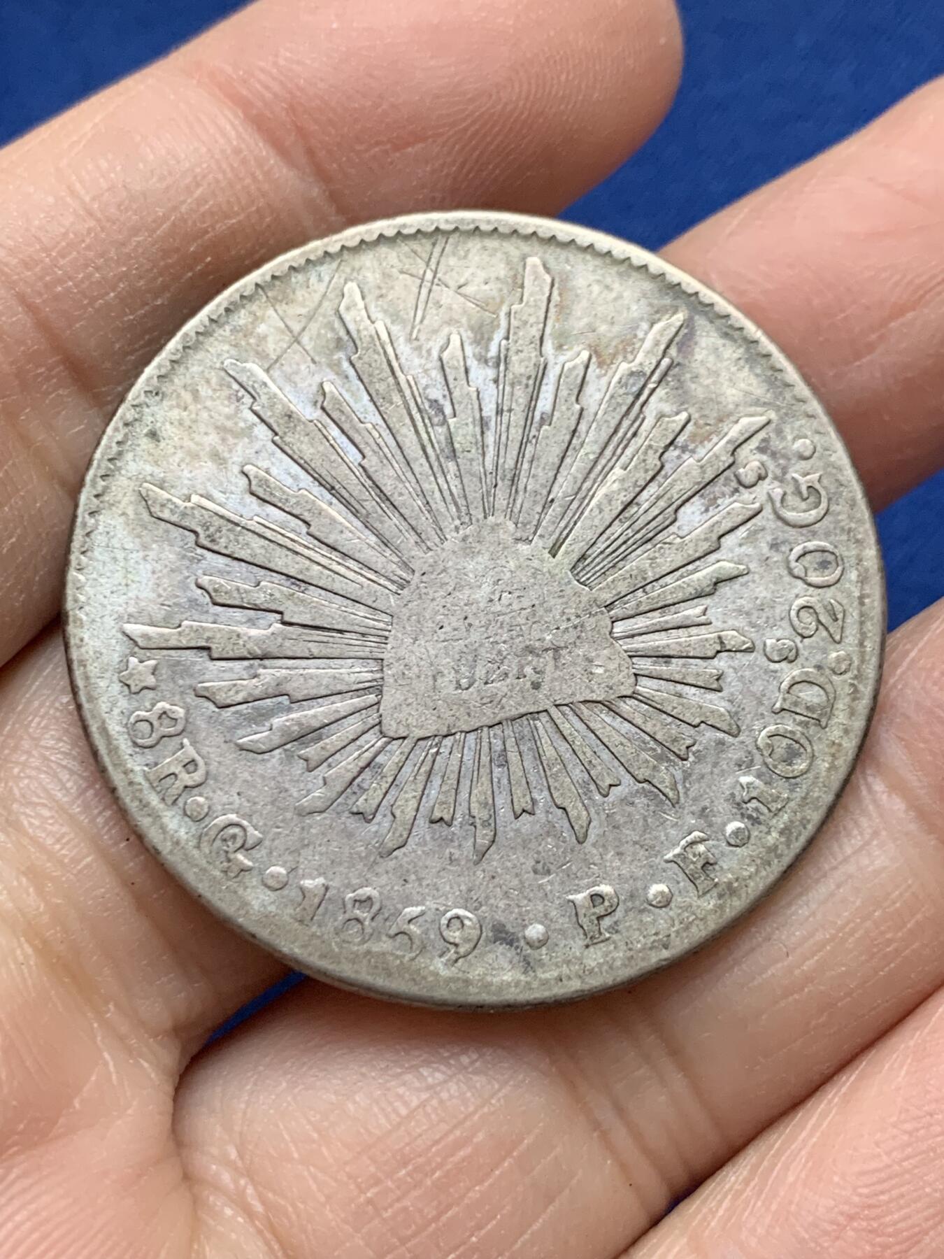 《竞宝斋》第443场 周日，周一，2场连拍 （全场包邮） 墨西哥1859 GO PF版 8R 鹰洋银币 中期版本 双面有划 细节见图