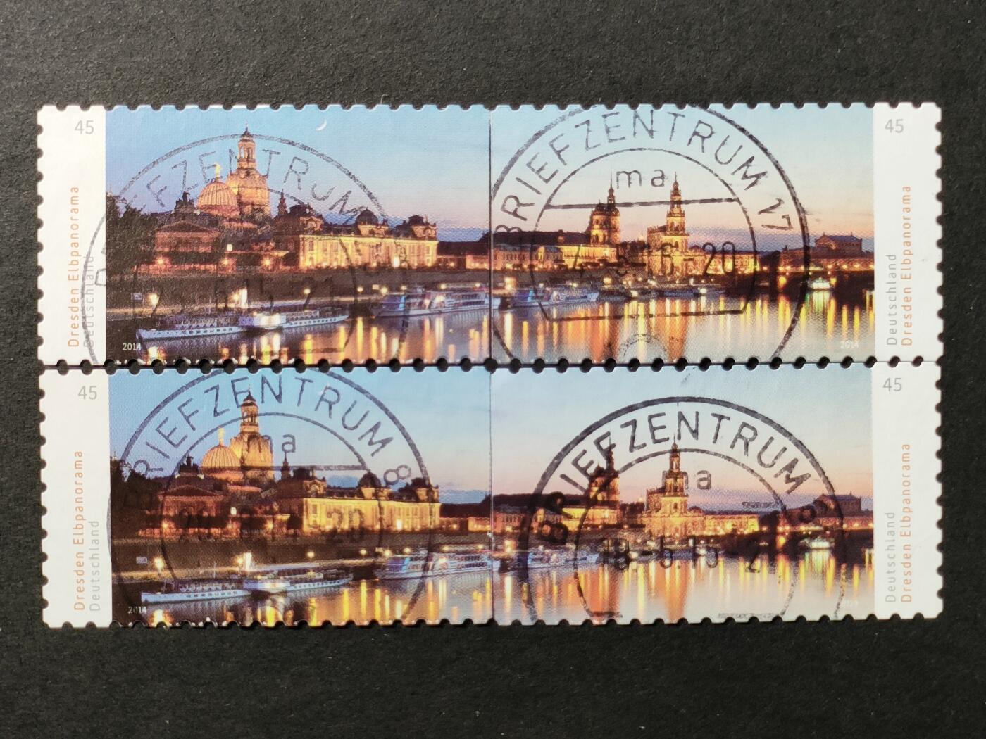 ↓君缘收藏666期☞钱币邮品↓无佣金、可寄存、满30元包邮  德国邮票，2014年德累斯顿的易北河畔建筑风光邮票2全，随机发一套