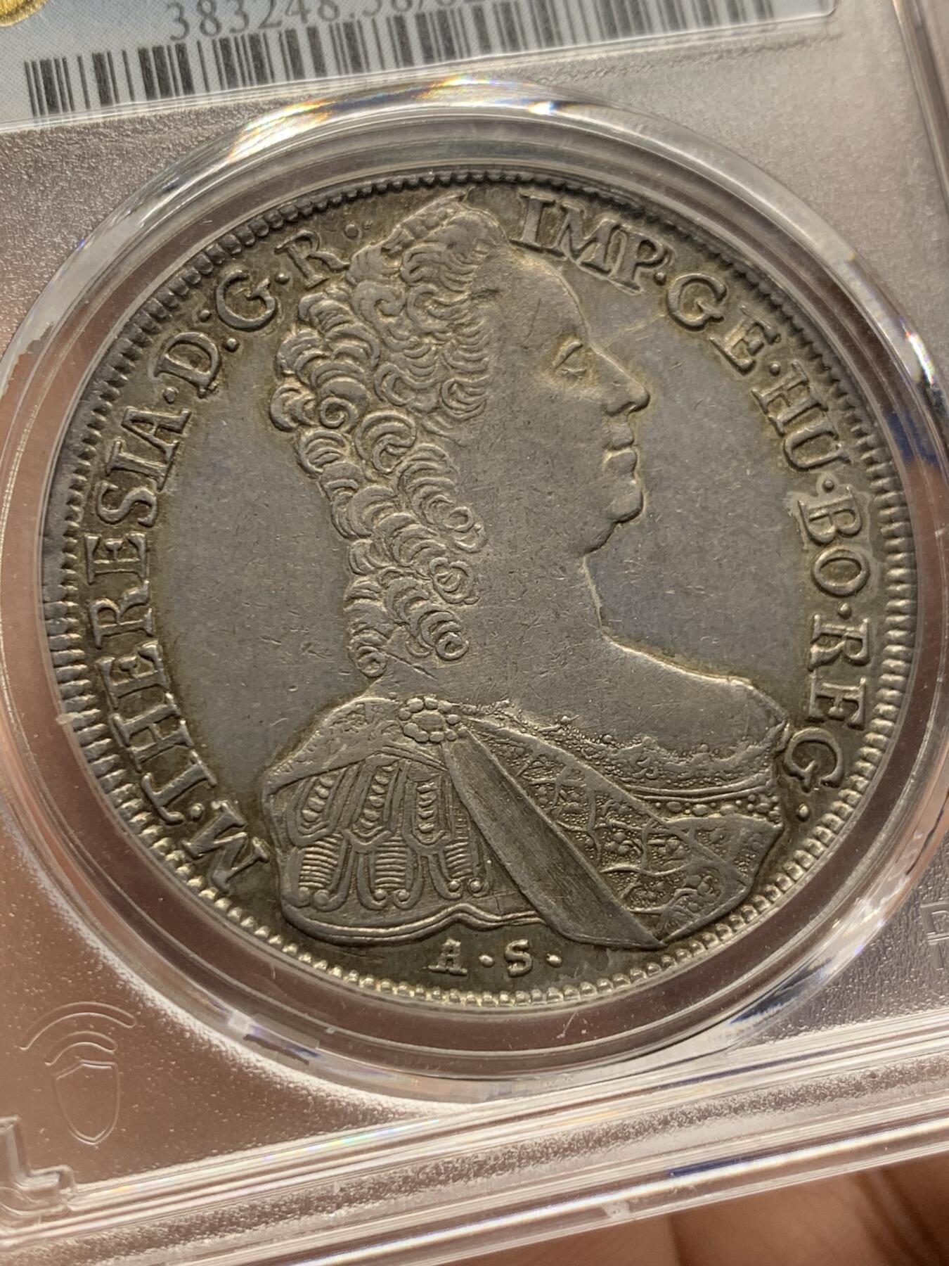 《竞宝斋》第443场 周日，周一，2场连拍 （全场包邮） PCGS AU58 奥地利1765-AS 原铸大奶妈玛丽亚.特雷西娅 1泰勒 银币 唯一冠军分，难得没有减重痕迹。