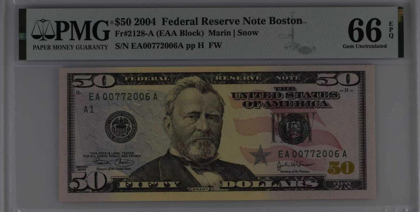 《外钞收藏家》第五百九十期（欧洲强钞、港币、硬通货及丰富裸币大拍场）（本平台长期征集拍品、欢迎藏友们联系合作） 2004年 彩色版50美元 首发年份 首发冠AA 号码无4 PMG66EPQ 亚军分数 仅有一张冠军分