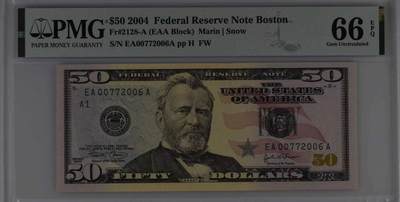 《外钞收藏家》第五百九十期（欧洲强钞、港币、硬通货及丰富裸币大拍场）（本平台长期征集拍品、欢迎藏友们联系合作） - 2004年 彩色版50美元 首发年份 首发冠AA 号码无4 PMG66EPQ 亚军分数 仅有一张冠军分
